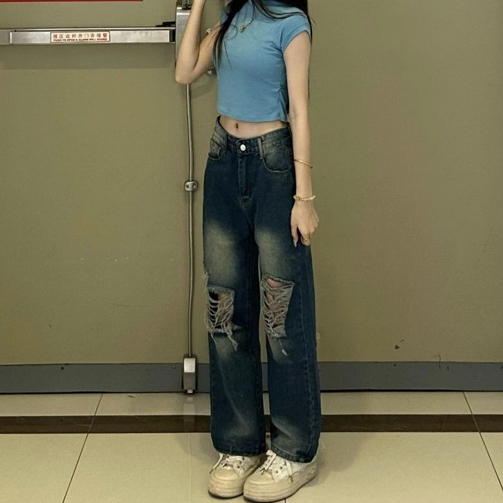 Jiashucheng Quần Jean Rách Dáng Rộng Lưng Cao Thời Trang Mùa Hè Hàn Quốc Cho Nữ