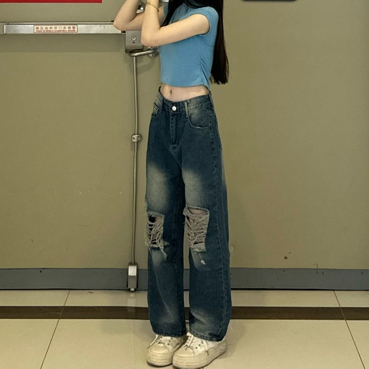 Jiashucheng Quần Jean Rách Dáng Rộng Lưng Cao Thời Trang Mùa Hè Hàn Quốc Cho Nữ