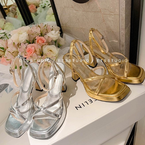 Xăng đan Cao Gót Hở Một Ngón Đế Dày Màu Vàng Kim Phong Cách Pháp Quyến Rũ Dành Cho Nữ