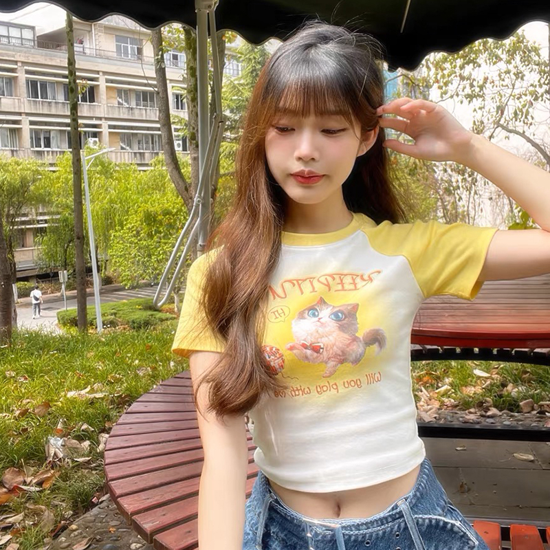 Áo Croptop Tay Ngắn Cổ Tròn Hoạ Tiết Chú Mèo Đáng Yêu