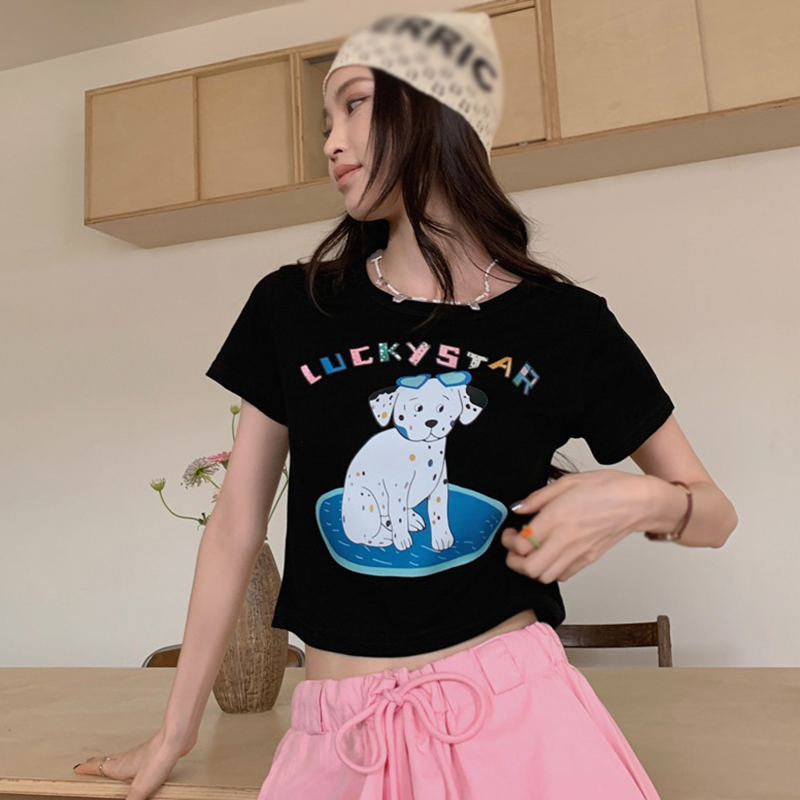 Áo Thun Nữ Ngắn Tay Cổ Tròn In Hình Chó Và Chữ Phong Cách Hàn Quốc