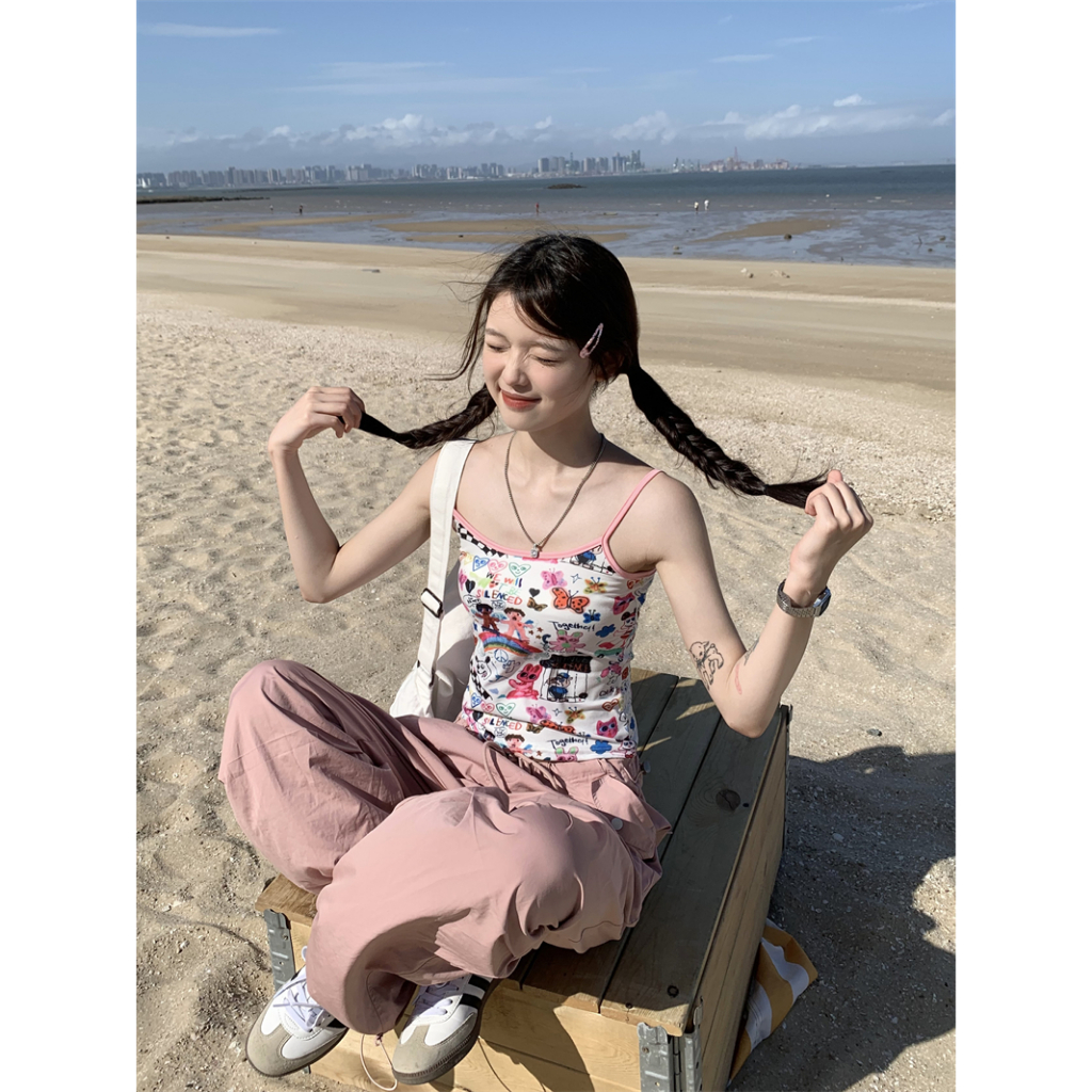 Heng Shan Yuan Áo Hai Dây Lụa Sữa graffiti Màu Trơn Mát Mẻ Ngọt Ngào Xinh Xắn Dành Cho Nữ