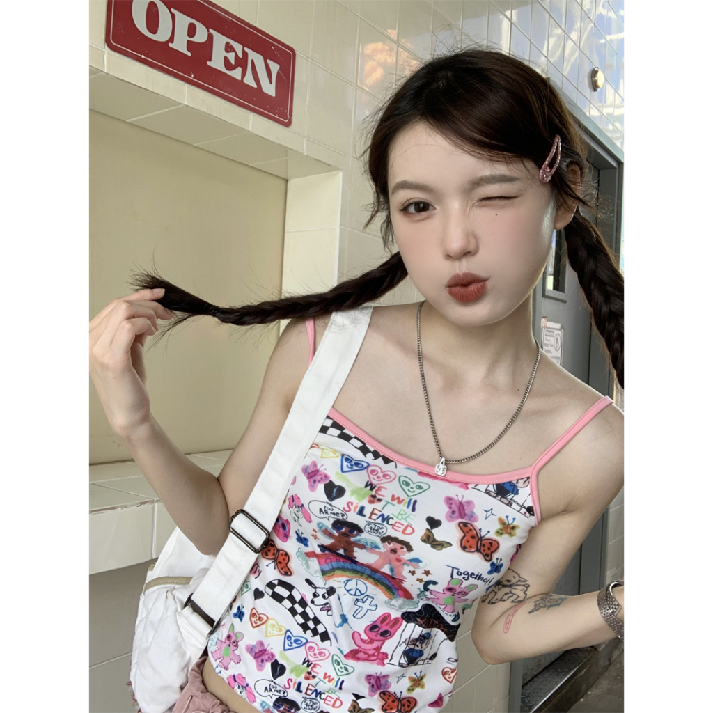 Heng Shan Yuan Áo Hai Dây Lụa Sữa graffiti Màu Trơn Mát Mẻ Ngọt Ngào Xinh Xắn Dành Cho Nữ