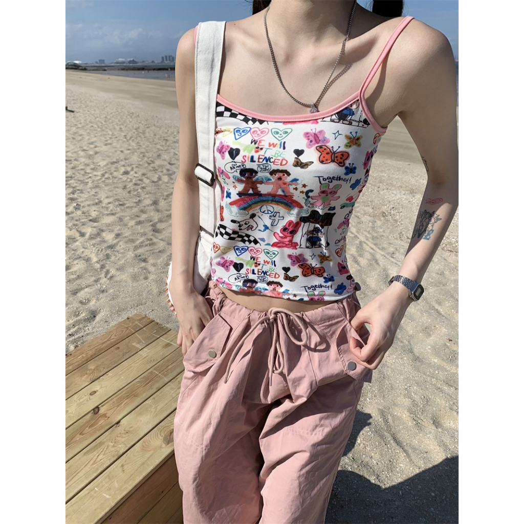 Heng Shan Yuan Áo Hai Dây Lụa Sữa graffiti Màu Trơn Mát Mẻ Ngọt Ngào Xinh Xắn Dành Cho Nữ