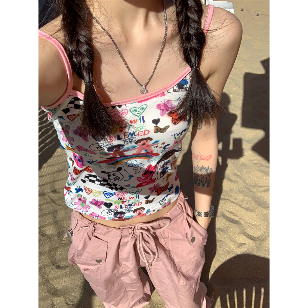 Heng Shan Yuan Áo Hai Dây Lụa Sữa graffiti Màu Trơn Mát Mẻ Ngọt Ngào Xinh Xắn Dành Cho Nữ