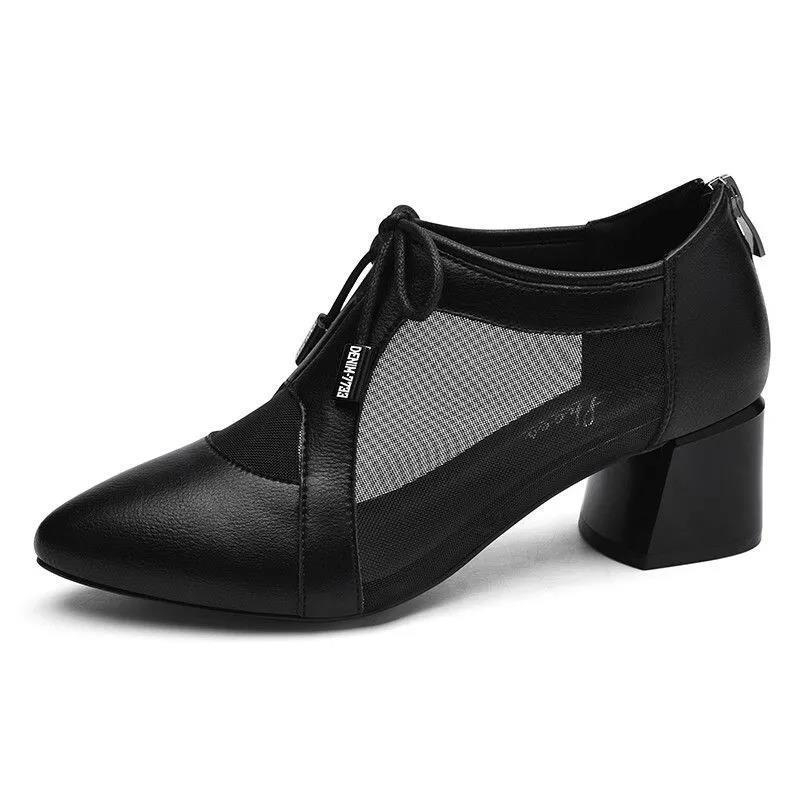 Giày da mềm đế thấp phối lưới thoáng khí thời trang xuân hè dành cho phụ nữ trung niên 2021