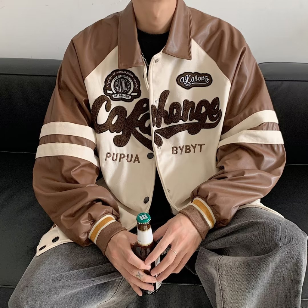 Áo Khoác Bóng Chày Bằng Da Thêu Hình Phong Cách Đường Phố Retro Mỹ cross888