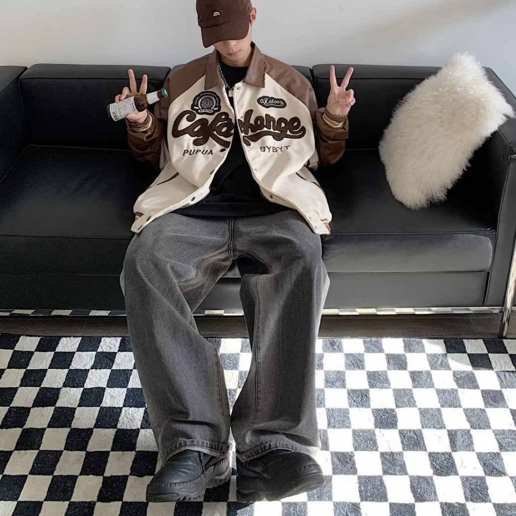 Áo Khoác Bóng Chày Bằng Da Thêu Hình Phong Cách Đường Phố Retro Mỹ cross888