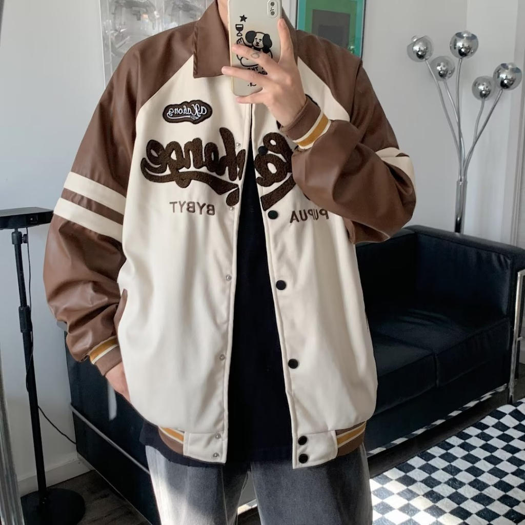 Áo Khoác Bóng Chày Bằng Da Thêu Hình Phong Cách Đường Phố Retro Mỹ cross888