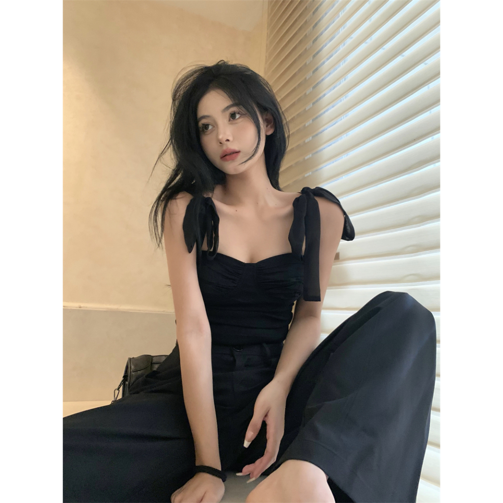 Honypove Áo Hai Dây Dáng Ngắn Ôm Sát Màu Đen Thời Trang Mùa Hè Dành Cho Nữ