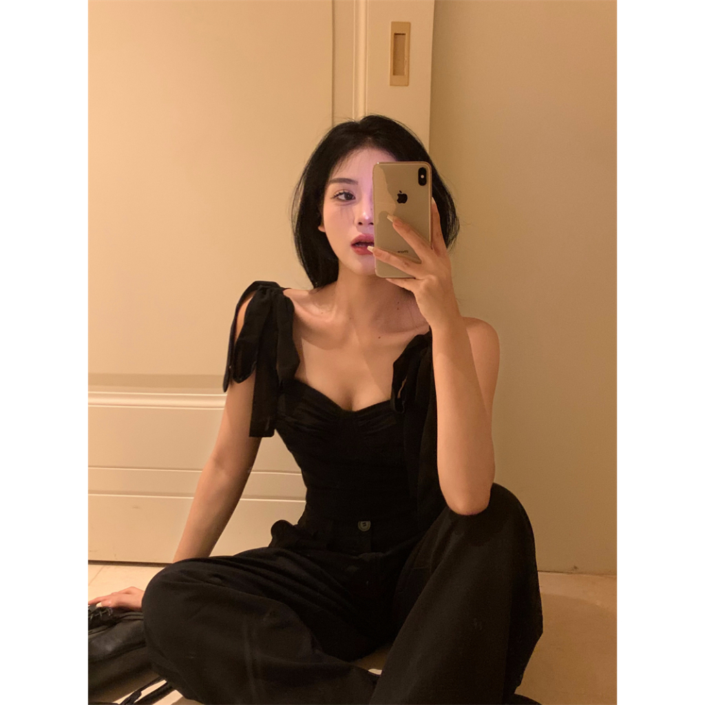 Honypove Áo Hai Dây Dáng Ngắn Ôm Sát Màu Đen Thời Trang Mùa Hè Dành Cho Nữ