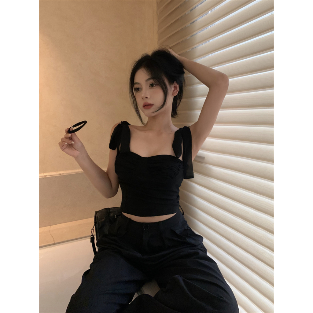 Honypove Áo Hai Dây Dáng Ngắn Ôm Sát Màu Đen Thời Trang Mùa Hè Dành Cho Nữ