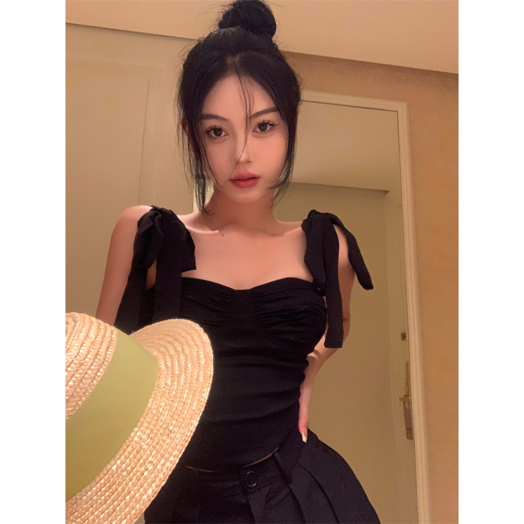 Honypove Áo Hai Dây Dáng Ngắn Ôm Sát Màu Đen Thời Trang Mùa Hè Dành Cho Nữ