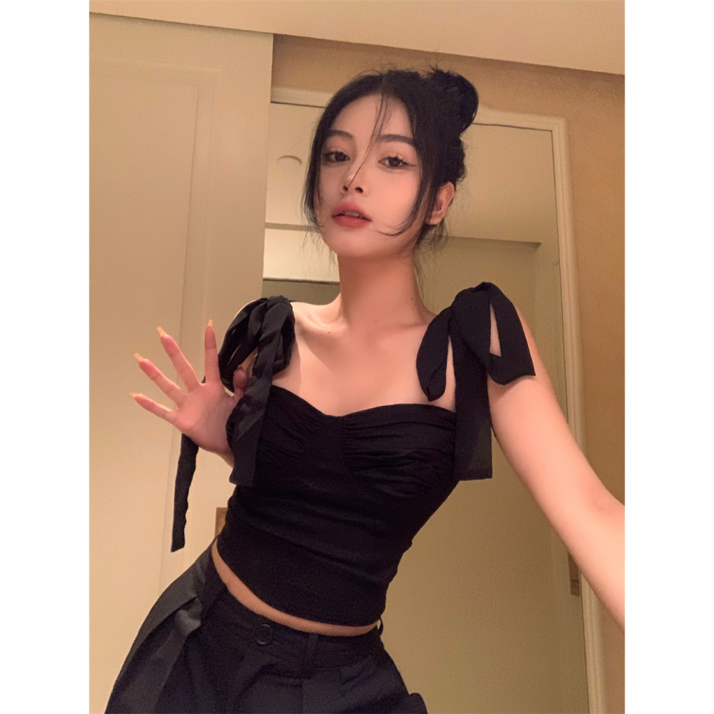 Honypove Áo Hai Dây Dáng Ngắn Ôm Sát Màu Đen Thời Trang Mùa Hè Dành Cho Nữ