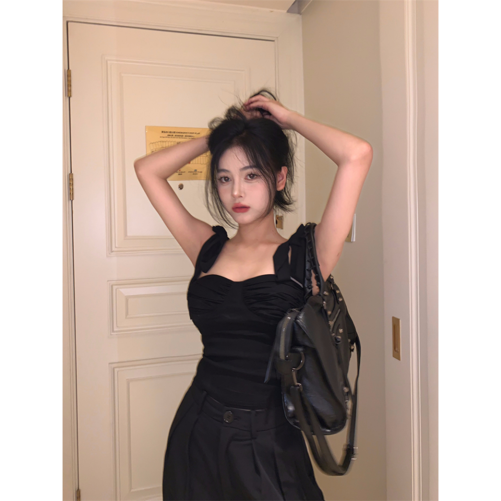 Honypove Áo Hai Dây Dáng Ngắn Ôm Sát Màu Đen Thời Trang Mùa Hè Dành Cho Nữ