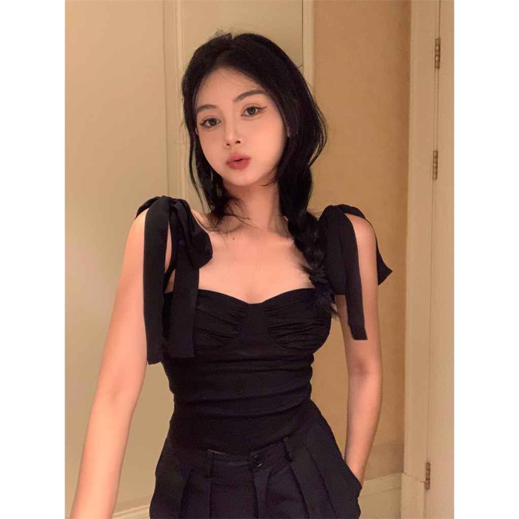 Honypove Áo Hai Dây Dáng Ngắn Ôm Sát Màu Đen Thời Trang Mùa Hè Dành Cho Nữ