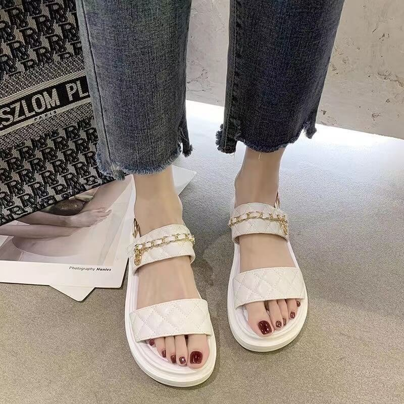 Xăng đan Bằng Da Không Trơn Phối Dây Xích Vàng Phong Cách Thiên Thần Thời Trang Hàn Quốc Cho Nữ