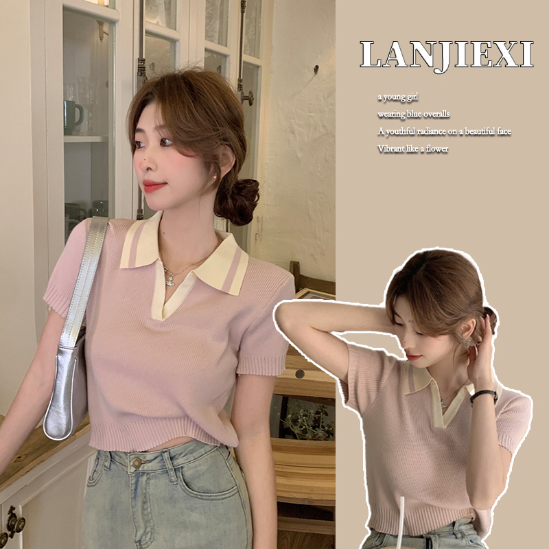 LANJIEXI Áo Thun Lửng Ngắn Tay Cổ Chữ V 4 Màu Phong Cách Hàn Quốc
