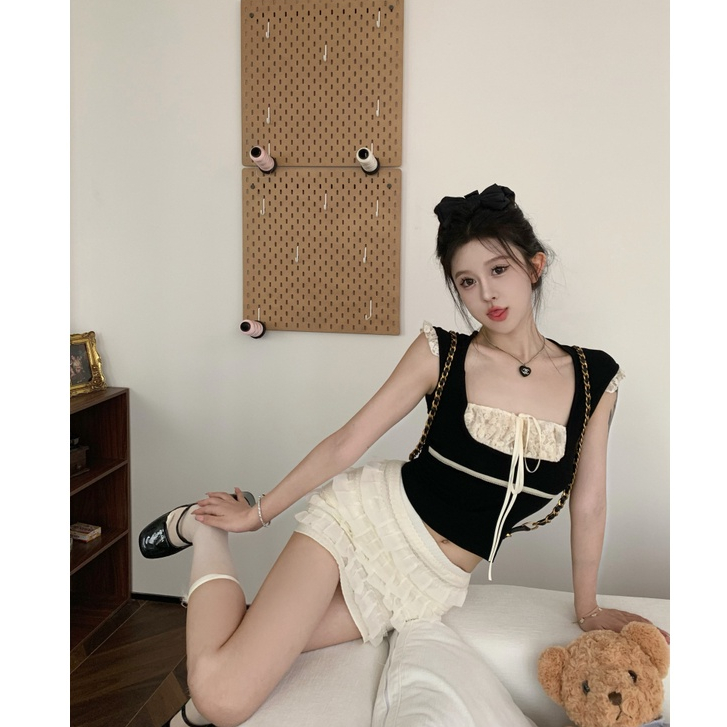 「Nonfatgirl」Set Áo Sơ Mi Tay Cánh Tiên Phối Ren + Chân Váy Ngắn Xếp Tầng Phong Cách Lolita Ngọt Ngào