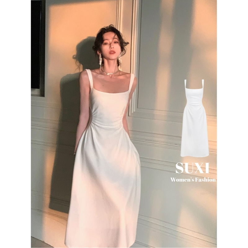 SUXI Đầm Midi Hai Dây Dáng Chữ A Màu Sắc Đơn Giản Thời Trang Mùa Hè Xinh Xắn Cho Nữ