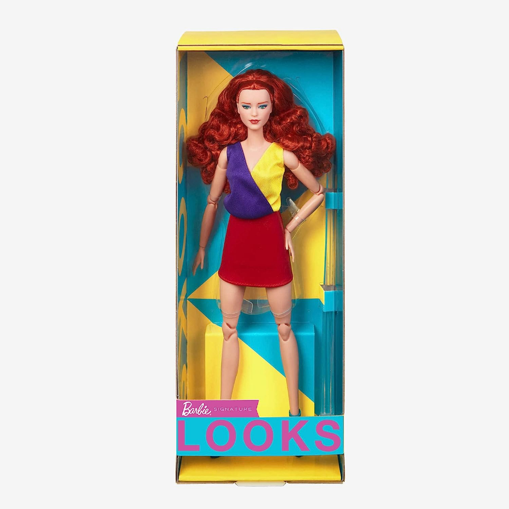 Barbie Looks Doll with Curly Red Hair Dressed in Color Block Top and Glossy Pleather Skirt, Posable Made to Move Body HJW80 Búp Bê Barbie Nhìn Với Tóc Đỏ Khối Màu Và Váy Da Bóng Được Sản Xuất Để Di Chuyển Cơ Thể HJW80