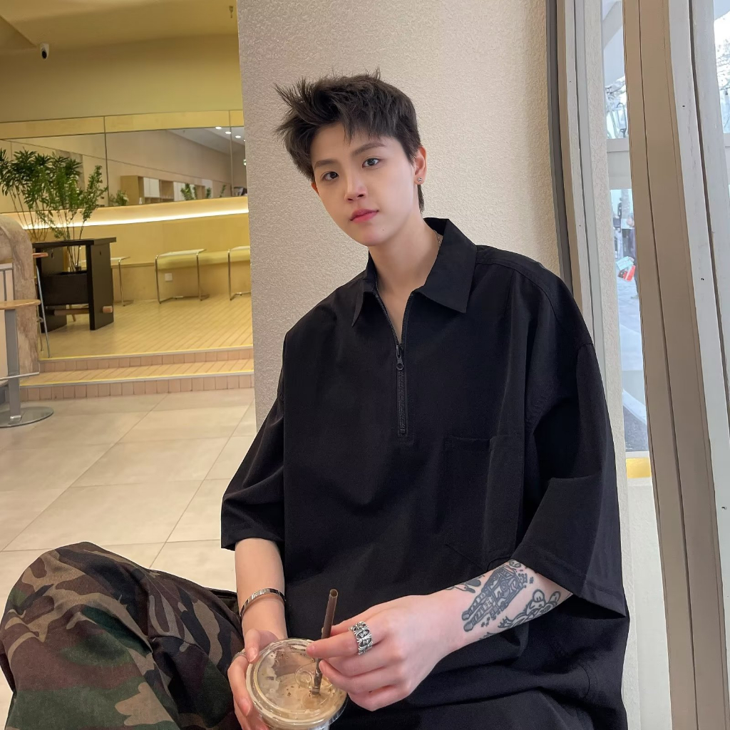 Áo polo Tay Ngắn Có Khóa Kéo Dáng Rộng Thời Trang Mùa Hè Phong Cách Nhật Bản Cho Nam