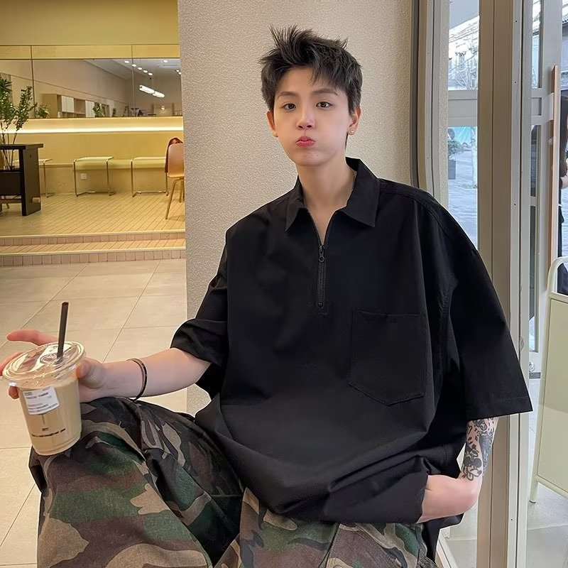 Áo polo Tay Ngắn Có Khóa Kéo Dáng Rộng Thời Trang Mùa Hè Phong Cách Nhật Bản Cho Nam