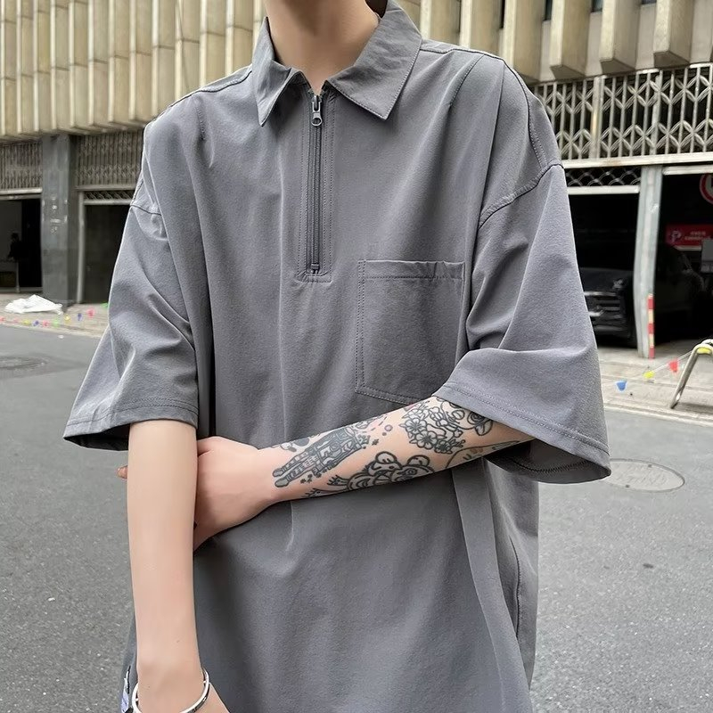 Áo polo Tay Ngắn Có Khóa Kéo Dáng Rộng Thời Trang Mùa Hè Phong Cách Nhật Bản Cho Nam