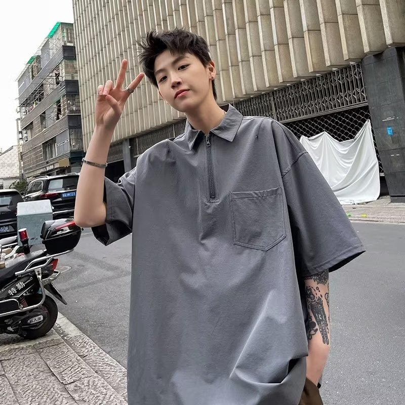 Áo polo Tay Ngắn Có Khóa Kéo Dáng Rộng Thời Trang Mùa Hè Phong Cách Nhật Bản Cho Nam