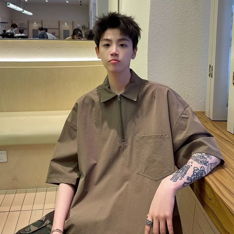Áo polo Tay Ngắn Có Khóa Kéo Dáng Rộng Thời Trang Mùa Hè Phong Cách Nhật Bản Cho Nam