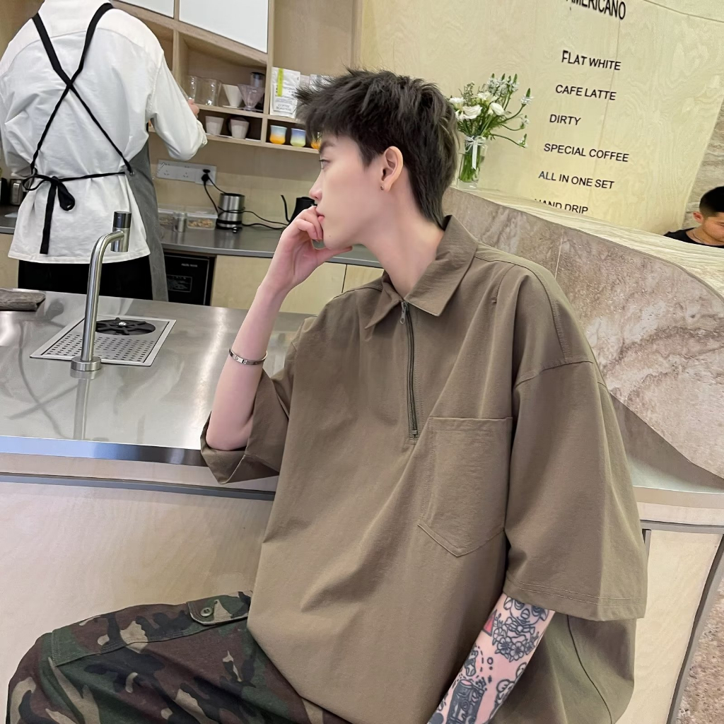 Áo polo Tay Ngắn Có Khóa Kéo Dáng Rộng Thời Trang Mùa Hè Phong Cách Nhật Bản Cho Nam