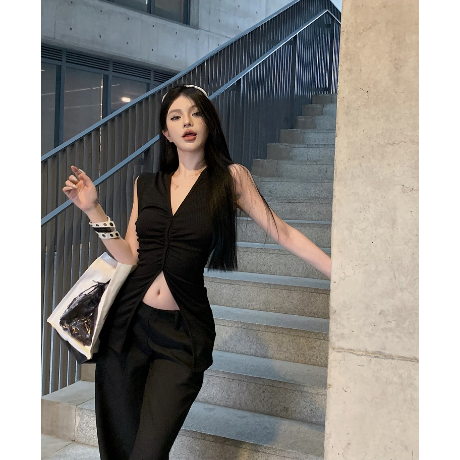【COLORBLLIND】Set Áo Cardigan Không Tay Và Quần Dài Ống Rộng Lưng Thấp Thời Trang Dành Cho Nữ