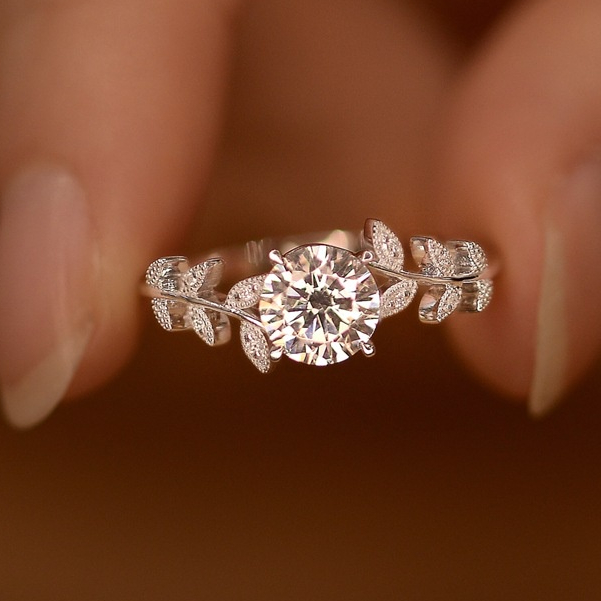 Moissanite (6,5mm) Nhẫn nữ 925 bạc có thể được phát hiện bằng bút kim cương, vòng đeo tay hình lá