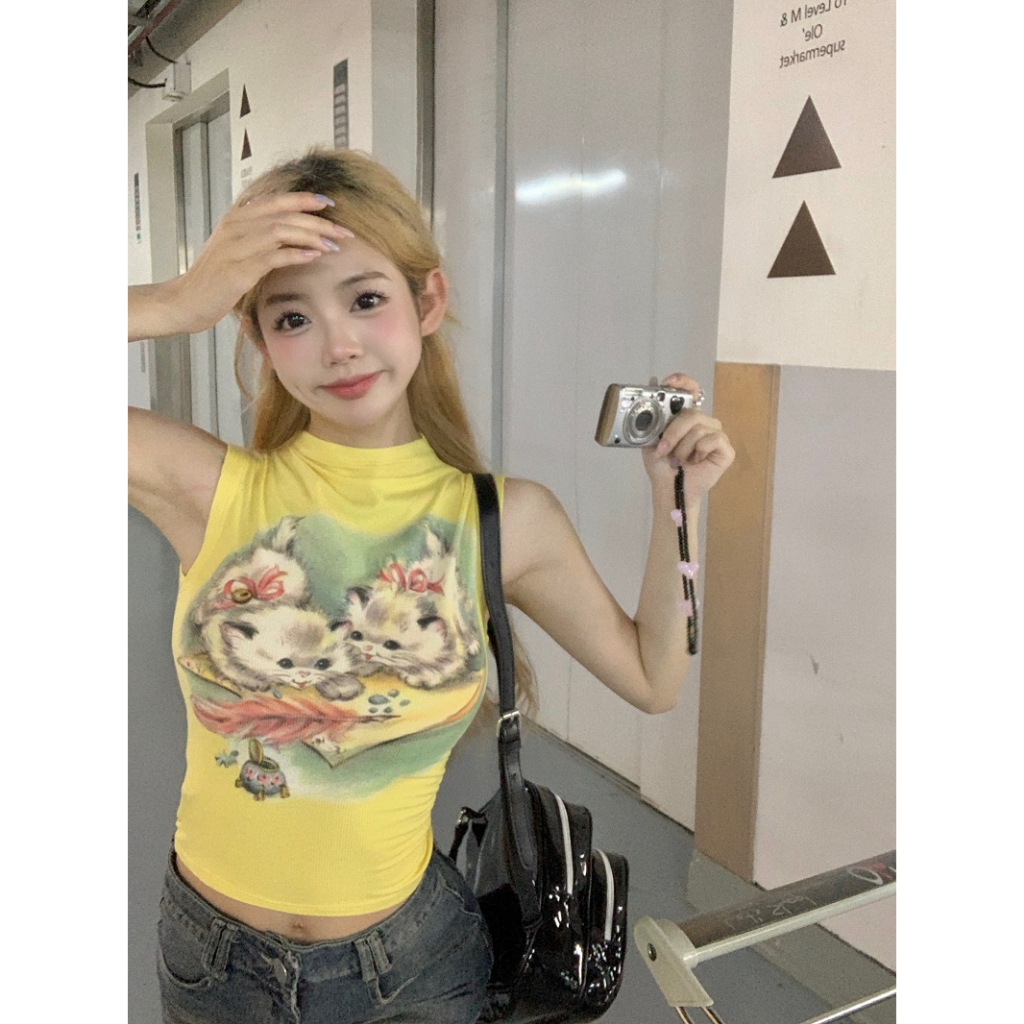 QADCOL Áo Thun Không Tay Cổ Tròn Màu Vàng In Hình Mèo Phong Cách Mỹ Thời Trang Mùa Hè Cho Nữ