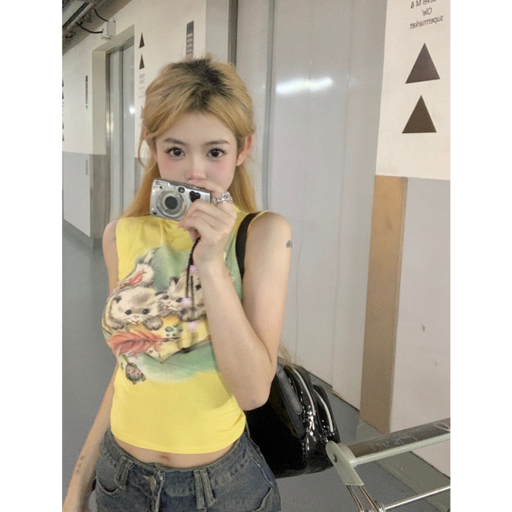 QADCOL Áo Thun Không Tay Cổ Tròn Màu Vàng In Hình Mèo Phong Cách Mỹ Thời Trang Mùa Hè Cho Nữ