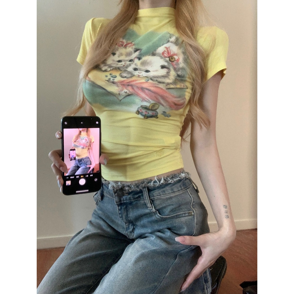 QADCOL Áo Thun Không Tay Cổ Tròn Màu Vàng In Hình Mèo Phong Cách Mỹ Thời Trang Mùa Hè Cho Nữ