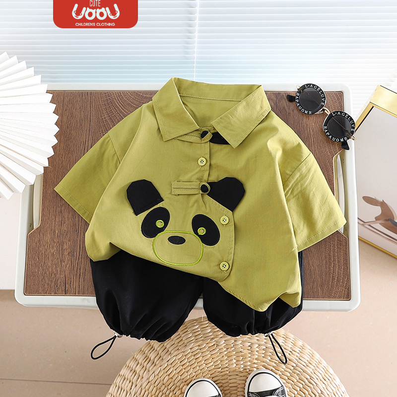 Sun baby Set Áo Sơ Mi Tay Ngắn Họa Tiết Gấu Trúc Dễ Thương Thời Trang Mùa Hè Cho Bé
