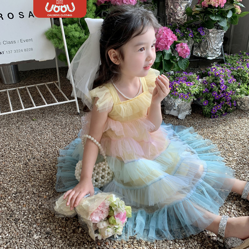 Sun baby Đầm Công Chúa Không Tay Phối Lưới Màu Cầu Vồng Dễ Thương Cho Bé Gái