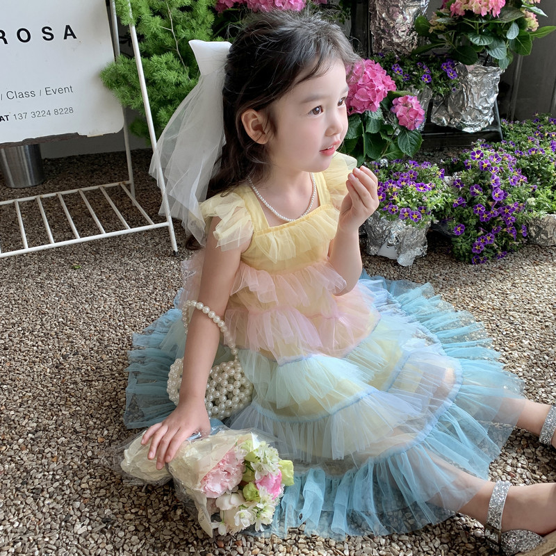 Sun baby Đầm Công Chúa Không Tay Phối Lưới Màu Cầu Vồng Dễ Thương Cho Bé Gái