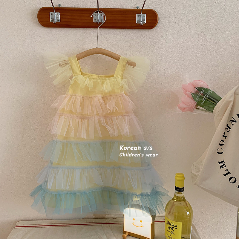 Sun baby Đầm Công Chúa Không Tay Phối Lưới Màu Cầu Vồng Dễ Thương Cho Bé Gái