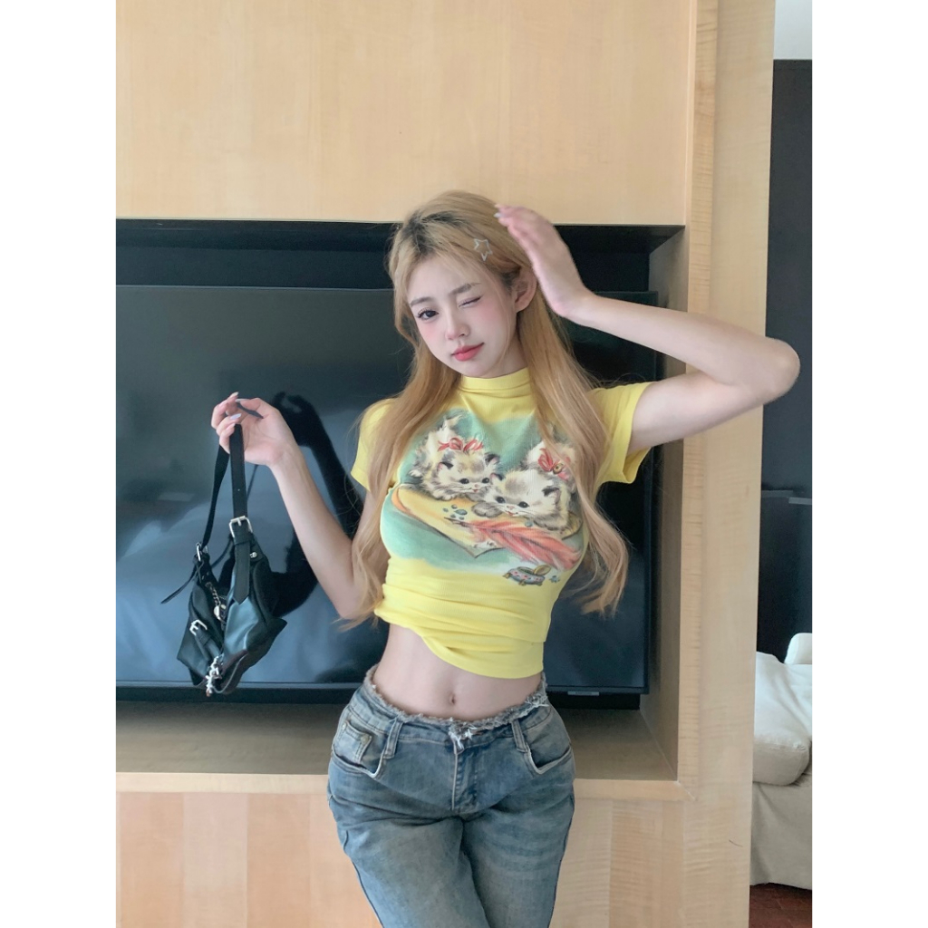 QADCOL Áo Thun Không Tay Cổ Tròn Màu Vàng In Hình Mèo Phong Cách Mỹ Thời Trang Mùa Hè Cho Nữ