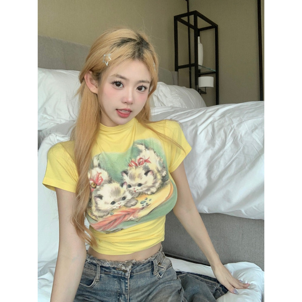 QADCOL Áo Thun Không Tay Cổ Tròn Màu Vàng In Hình Mèo Phong Cách Mỹ Thời Trang Mùa Hè Cho Nữ
