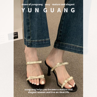 Yunguang Giày Cao Gót Hở Ngón Đính Nơ Màu Đen Phong Cách Pháp Thời Trang Cho Nam Và Nữ