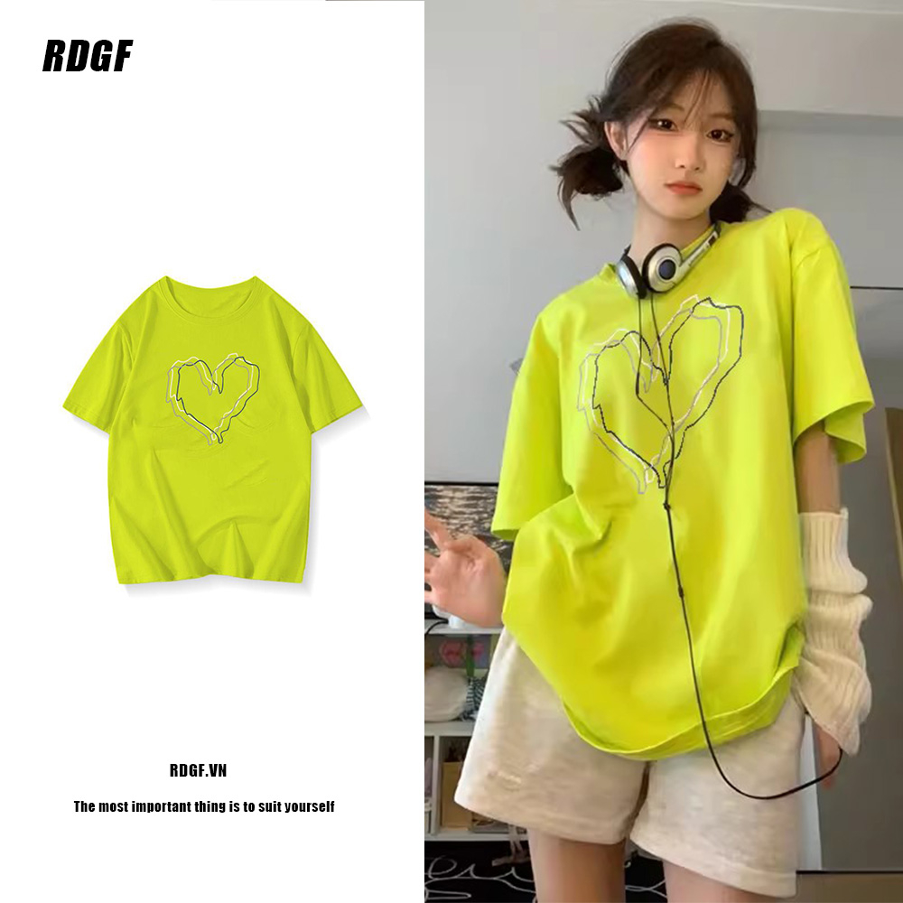 Áo Thun Nữ Cổ Tròn Ngắn Tay Màu Xanh Lá Cây RDGF Dopamine Thời Trang