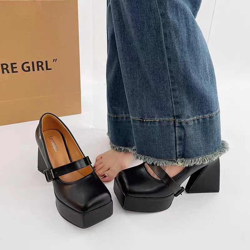 Giày Cao Gót 10CM Mũi Vuông Bằng Da Phong Cách Lolita Thời Trang Công Sở 2023 Cho Nữ