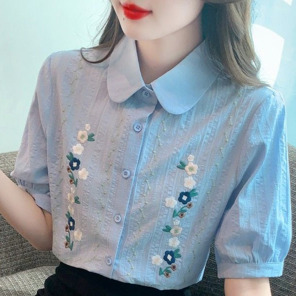 Áo Sơ Mi Cotton Ngắn Tay Thêu Họa Tiết Thời Trang Mùa Hè 2023 Cho Nữ