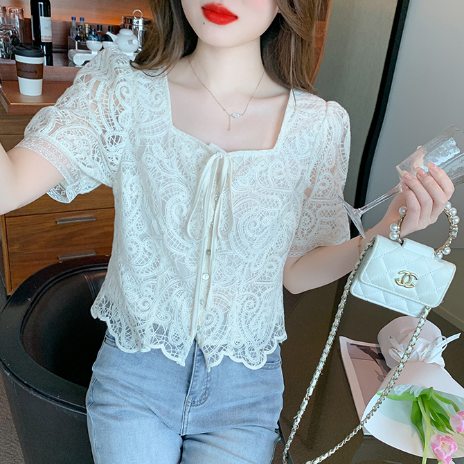 Áo Sơ Mi Chiffon Tay Ngắn Phối Ren Thời Trang Mùa Hè 2023 Phong Cách Mới Cho Nữ