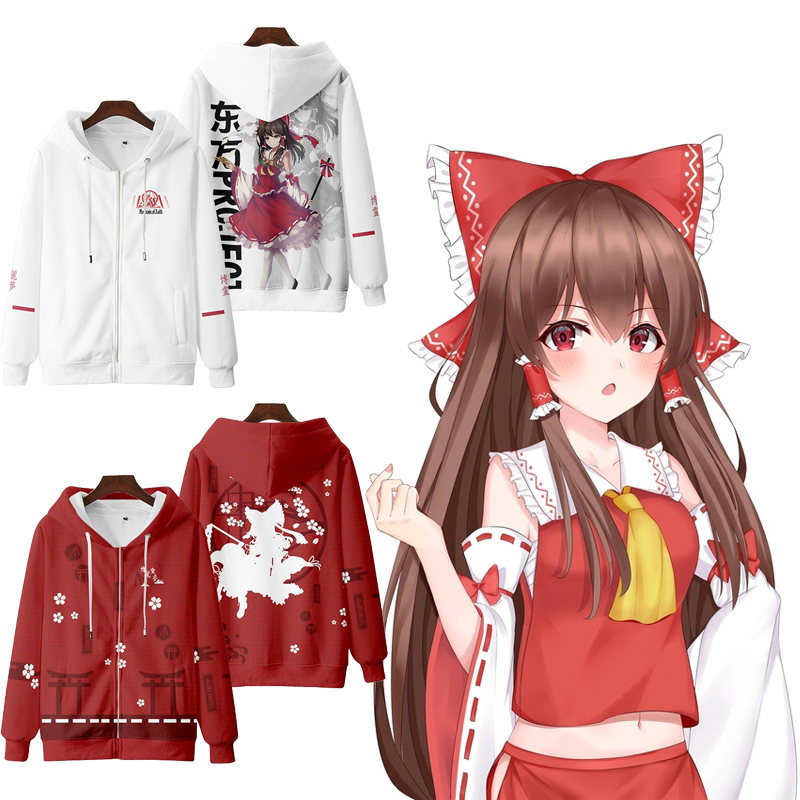 Mới Áo Khoác hoodie Tay Dài Dáng Rộng Có Khóa Kéo In Hình anime touhou project hakurei reimu Thời Trang Nhật Bản Cho Nam Và Nữ