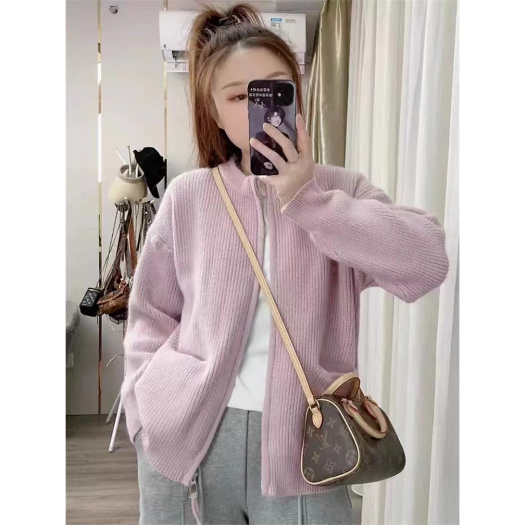 Áo Khoác Cardigan Dệt Kim Ngắn Cổ Tròn Màu Trơn Khóa Kéo Đôi Phong Cách Hàn Quốc Thời Trang Thu Đông Mới 2023 Dành Cho Bạn Nữ