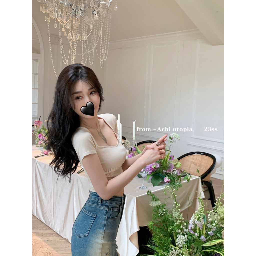 Áo Croptop Dệt Kim Tay Ngắn Cổ Vuông Dáng Ôm Thời Trang Mùa Hè Xinh Xắn Cho Nữ